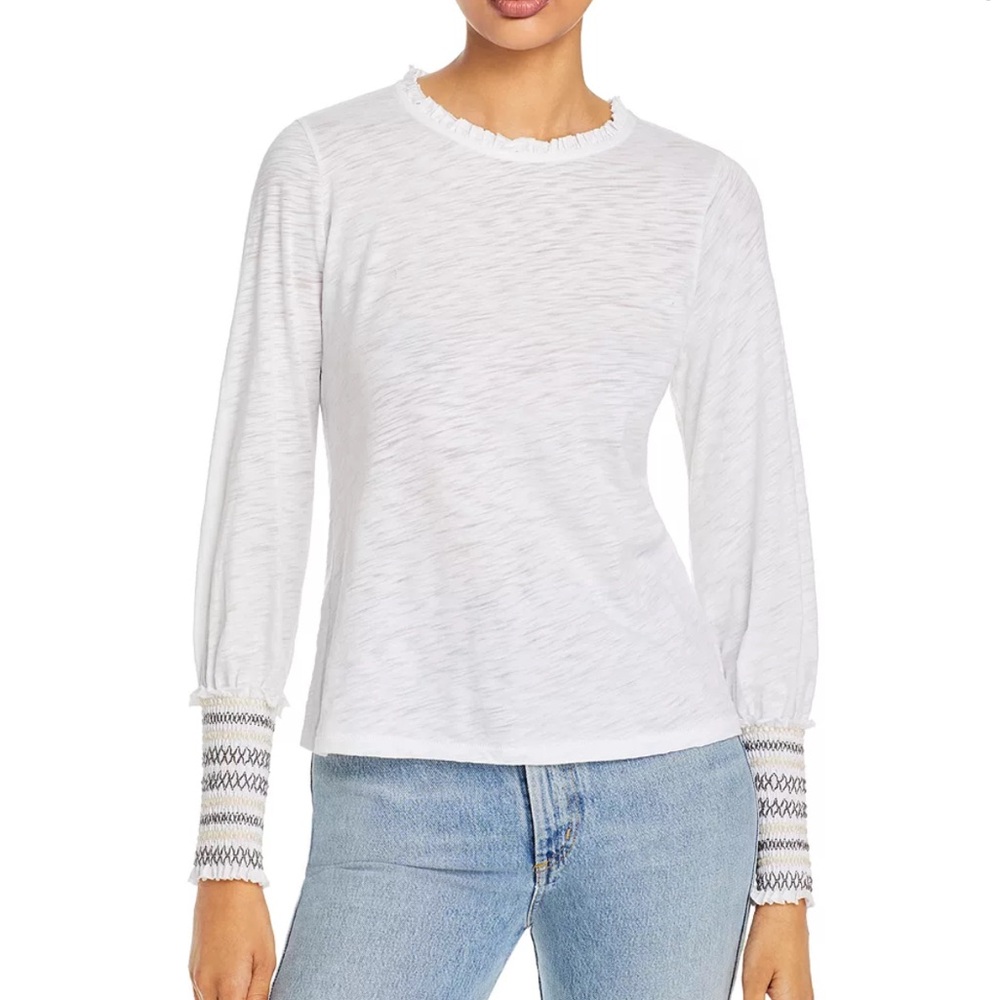 Goldie Smocked Cuff Slub Knit Long Sleeve Tee Size XS White Women’s Sheer